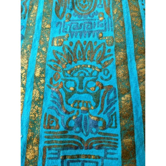 1950s MAYA de MEXICO Mayan Hieroglyph Hand Painted Aqua/Gold Circle Skirt sz. XS - Picture 5 of 14